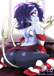  ass back bare_shoulders blue_skin colored_skin feet female leviathan_(skullgirls) looking_at_viewer mutsuki_(pixiv116518) no_shoes red_eyes skullgirls smile socks solo squigly_(skullgirls) toes zombie 