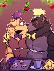  absurd_res anthro bear beverage candy chocolate christmas cookie dessert digital_media_(artwork) duo five_nights_at_freddy&#039;s five_nights_at_freddy&#039;s_4 food hi_res holidays hot_chocolate kiss_on_lips kissing male male/male mammal mikush nightmare_(fnaf) nightmare_fredbear_(fnaf) scottgames surprise_kiss 