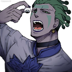  1boy bad_id bad_pixiv_id black_choker choker cioccolata commentary_request earrings eyeball facial_mark forehead_mark giga_omega green_eyes green_hair holding_eyeball jewelry jojo_no_kimyou_na_bouken male_focus open_mouth portrait purple_lips solo vento_aureo 