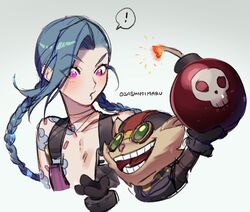  ! 1boy artist_name asymmetrical_bangs black_gloves black_headwear body_fur bomb brown_fur cloud_tattoo collarbone cropped_torso explosive female flat_chest gloves goggles green_hair highres holding holding_bomb jinx_(league_of_legends) league_of_legends long_hair long_sleeves pink_eyes red_headwear shoulder_tattoo simple_background speech_bubble spoken_exclamation_mark tattoo teeth upper_body white_background wosashimi yordle ziggs 