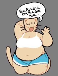  2023 anthro belly belly_overhang big_belly big_breasts black_outline blah_blah_blah blue_bottomwear blue_clothing blue_shorts bottomwear bra breasts cassi_cat_(cassicat) cassicat cel_shading cleavage closed_eyes clothed clothing digital_media_(artwork) domestic_cat felid feline felis female fur grey_background hand_behind_head mammal markings mole_(marking) navel open_:3 open_mouth outline overweight overweight_anthro overweight_female portrait shaded shorts simple_background slightly_chubby slightly_chubby_female solo speech_bubble standing tail tan_body tan_fur three-quarter_portrait trans_(lore) trans_woman_(lore) underwear whiskers white_bra white_clothing white_underwear 