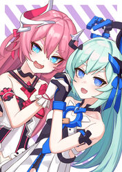  2girls :d absurdres aqua_hair bare_shoulders black_gloves blue_eyes blush bow breasts collarbone commentary_request diagonal_stripes dress erio_dazima gloves hair_between_eyes hand_up highres holding_hands honkai_(series) honkai_impact_3rd horns liliya_olenyeva long_hair looking_at_viewer multiple_girls oerba_yun_fang pink_hair red_bow rozaliya_olenyeva short_eyebrows single_horn small_breasts smile striped striped_background striped_bow tail thick_eyebrows very_long_hair white_dress white_gloves 