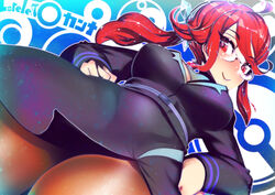  ahoge black_skirt black_suit blush breasts brown_pantyhose character_name cleavage_cutout clothing_cutout commentary_request female formal glasses hakkasame hands_on_own_hips jacket large_breasts long_sleeves lorelei_(pokemon) pantyhose pencil_skirt pokemon pokemon_lgpe ponytail red_eyes red_hair semi-rimless_eyewear sidelocks skirt solo suit swept_bangs turtleneck 