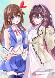  2girls absurdres ascot azki_(4th_costume)_(hololive) azki_(hololive) bare_arms bare_shoulders blue_eyes blue_skirt blue_thighhighs blue_vest blush bow bowtie braid brown_hair brown_jacket collared_dress collared_shirt colored_inner_hair cowboy_shot cropped_shirt cropped_vest diamond_hair_ornament double-parted_bangs dress flower french_braid gradient_dress grey_dress hair_between_eyes hair_flaps hair_flower hair_intakes hair_ornament hair_ribbon hairclip half_updo high-low_skirt highres hololive jacket leg_ribbon long_hair looking_at_viewer miniskirt mole mole_under_eye multicolored_hair multiple_girls nyarocks open_mouth pink_dress pink_hair pleated_skirt puffy_sleeves purple_eyes red_bow red_bowtie red_ribbon ribbon shirt short_ponytail sidelocks skirt skirt_under_dress sleeveless sleeveless_shirt sleeves_past_elbows smile star_(symbol) star_hair_ornament streaked_hair striped_clothes striped_dress thigh_ribbon thighhighs tokino_sora tokino_sora_(1st_costume) vertical-striped_clothes vertical-striped_dress very_long_hair vest virtual_youtuber white_ascot white_dress white_shirt white_skirt wrist_cuffs 