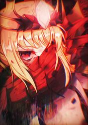  blonde_hair breasts crown dragon_claw dragon_girl facial_mark fate/grand_order fate_(series) female gem gold_crown halterneck hand_in_own_hair highres looking_at_viewer nero_claudius_(fate) one_eye_covered pointed_crown queen_draco_(fate) queen_draco_(second_ascension)_(fate) red_background red_eyes red_ribbon revealing_clothes ribbon robe scales shiushiu_kurauneru_plus small_breasts upper_body white_robe 