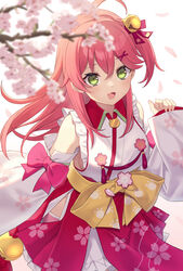  absurdres bell breasts cherry_blossom_print detached_sleeves female floral_print green_eyes hair_bell hair_ornament hairclip highres hololive japanese_clothes jingle_bell kimono long_hair looking_at_viewer medium_breasts nontraditional_miko one_side_up open_mouth pink_hair sakura_miko sakura_miko_(1st_costume) shikinagi smile solo virtual_youtuber white_kimono x_hair_ornament 