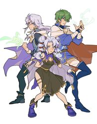  2boys arthur_(fire_emblem:_genealogy_of_the_holy_war) black_dress black_footwear black_gloves blue_coat blue_footwear boots breasts cape casting_spell ced_(fire_emblem) cleavage coat collar collared_dress commentary curtained_hair dress female fire_emblem fire_emblem:_genealogy_of_the_holy_war gloves gold_trim green_eyes green_hair highres julianlynnnn lightning long_hair multi-tied_hair multiple_boys purple_cape purple_eyes purple_footwear purple_hair red_cape sleeveless sleeveless_dress small_breasts standing standing_on_one_leg thighlet tine_(fire_emblem) twintails white_background 