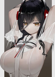  absurdres arknights arms_up black_hair breasts demon_horns dress female hair_between_eyes highres horns impossible_clothes impossible_dress ines_(arknights) large_breasts long_hair nero_(nero_nyam) simple_background solo upper_body white_dress yellow_eyes 