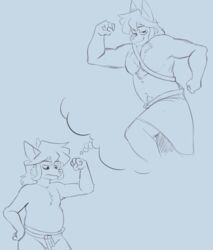  anthro barazoku body_hair bottomwear canid canine canis cheetoeater clothing dionysus_(cheetoeater) flexing fluffy_chest imagination male mammal one_eye_closed skirt slightly_chubby slightly_chubby_male solo thought_bubble wink wolf 