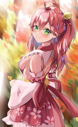  ahoge backless_kimono bell blush breasts detached_sleeves female green_eyes hair_bell hair_ornament hairpin highres hololive isazawa japanese_clothes jingle_bell kimono long_hair looking_at_viewer medium_breasts sakura_miko sakura_miko_(1st_costume) side_ponytail sideboob sideless_kimono smile solo virtual_youtuber white_kimono white_sleeves x_hair_ornament 