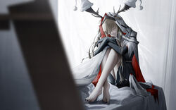  animal_ears antlers antlers_through_headwear arknights barefoot black_nails cape closed_eyes closed_mouth deer_antlers deer_ears ears_through_headwear elbow_gloves feet female full_body gloves hat high_heels highres hood hood_up hooded_cape horns knees_up long_hair nail_polish on_bed partially_fingerless_gloves santa_hat shoes sitting solo toenail_polish toenails toes unworn_shoes viviana_(arknights) yuuki_mix 