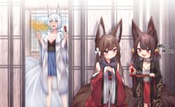  +_+ 3girls absurdres akagi-chan_(azur_lane) amagi-chan_(azur_lane) animal_ears aunt_and_niece azur_lane bare_shoulders bell black_kimono blue_eyes blue_skirt breasts brown_hair cleavage eating excited eyeshadow facing_viewer food fox_ears fox_girl fox_tail hair_bell hair_between_eyes hair_ornament hair_over_one_eye hairclip hands_up highres holding holding_food indoors japanese_clothes kaga_(azur_lane) kimono kitsune kyuubi large_breasts long_hair looking_at_food looking_down makeup medium_breasts medium_hair multiple_girls multiple_tails off_shoulder own_hands_together prank print_kimono red_eyeshadow red_kimono red_skirt samip screaming skirt slit_pupils small_breasts spicy surprised tail twintails very_long_hair white_hair white_kimono 