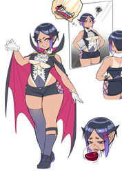  absurdres asymmetrical_legwear bare_shoulders black_hair blue_eyes blue_hair breasts cape clothing_cutout collar commentary covered_navel cross-laced_clothes cross-laced_legwear cup drinking drinking_glass fangs female frilled_collar frills full_body gloves hair_ornament hairclip halloween hands_on_own_hips highres imagining legwear_garter leotard mirror multicolored_hair multiple_views mystical_high_collar original pointy_ears reflection ryuusei&#039;s_3x-yo_girl ryuusei_(mark_ii) shoes short_hair short_shorts shorts smile squiggle sweatdrop tan tanlines thighhighs tongue tongue_out two-tone_hair underboob underboob_cutout vampire vampire_costume white_gloves wine_glass 