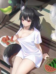  absurdres alternate_costume animal_ear_fluff animal_ears bird black_hair blush braid breasts cleavage clothes_pull commentary ear_down electric_fan female food food_print fox_ears fox_girl fox_tail french_braid fruit hair_between_eyes hand_fan highres holding holding_fan hololive kurokami_fubuki large_breasts lens_flare long_hair looking_at_viewer nekorone0222 no_bra oversized_clothes oversized_shirt paper_fan porch pout red_eyes shadow shirt shirt_pull short_sleeves sidelocks single_braid sitting solo t-shirt tail virtual_youtuber watermelon watermelon_print white_shirt 