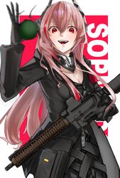  armband assault_rifle black_gloves black_jacket black_scarf breasts cleavage commentary_request eotech explosive female girls&#039;_frontline gloves grenade grenade_pin gun hair_ornament headgear headphones highres holding holding_grenade holding_gun holding_weapon holster hood hooded_jacket jacket light_blush long_hair looking_at_viewer m4_carbine m4_sopmod_ii m4_sopmod_ii_(girls&#039;_frontline) m67 magazine_(weapon) mechanical_hands multicolored_hair open_mouth pink_hair print_scarf red_armband red_eyes red_hair rifle scarf sharp_teeth single_mechanical_hand solo standing streaked_hair teeth text_background tomuanago track_jacket two-tone_hair weapon zipper zipper_dress zipper_top 