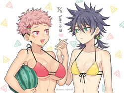  2girls ball beachball bikini black_hair breasts closed_mouth food_print fushiguro_megumi genderswap_(mtf) green_eyes hair_ornament itadori_yuuji jujutsu_kaisen large_breasts low_twintails multiple_girls navel nightcat open_mouth pink_bikini pink_eyes pink_hair rule_63 small_breasts spiked_hair swimsuit twintails watermelon_print yellow_bikini 