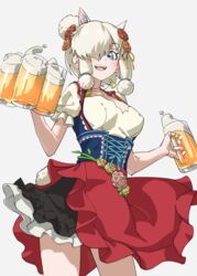  :d alcohol alpaca_ears alpaca_girl alpaca_suri_(kemono_friends) animal_ears bare_arms beer beer_mug blue_eyes bodice breasts commentary cowboy_shot cup dirndl extra_ears female flower german_clothes hair_bun hair_flower hair_ornament hair_over_one_eye highres holding holding_cup horizontal_pupils jewelry kemono_friends kemono_friends_3 large_breasts long_bangs mug official_alternate_costume one_eye_covered open_mouth pendant puffy_short_sleeves puffy_sleeves red_skirt short_hair short_sleeves simple_background single_hair_bun skirt smile solo tanabe_(fueisei) teeth underbust upper_teeth_only white_background white_hair 