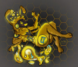  4_eyes 4_hands absurd_res ambiguous_gender anthro arthropod astrological_symbol bee blush d-3342 digital_media_(artwork) fan_character food fur gemini_(symbol) hair hi_res honey_(food) honeycomb honeycomb_background hybrid hymenopteran insects koriel machine multi_eye multi_hand multiple_hands open_mouth protogen protogen_visor robot simple_background smile solo symbol tail transparent_belly visor western_zodiac_symbol yellow_body yellow_eyes yellow_fur 