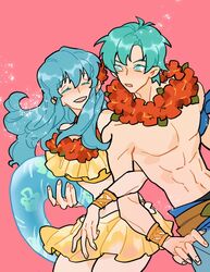  1boy abs bikini blue_hair brother_and_sister closed_eyes eirika_(fire_emblem) eirika_(summer)_(fire_emblem) ephraim_(fire_emblem) ephraim_(summer)_(fire_emblem) female fire_emblem fire_emblem:_the_sacred_stones fire_emblem_heroes flower flower_necklace frilled_bikini frills hair_between_eyes highres julianlynnnn long_hair official_alternate_costume open_mouth pink_background short_hair siblings simple_background smile swimsuit teeth twins upper_teeth_only wristband yellow_bikini 