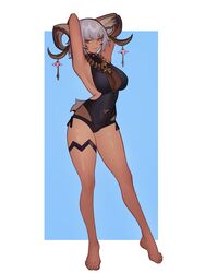  absurdres animal_ears ankh ankh_necklace arknights armpits arms_behind_head arms_up bare_legs barefoot black_one-piece_swimsuit blue_background breasts carnelian_(arknights) carnelian_(shimmering_dew)_(arknights) casual_one-piece_swimsuit cleavage cleavage_cutout clothing_cutout commission dark-skinned_female dark_skin distr feet female full_body goat_ears goat_girl goat_horns goat_tail gold_horns grey_hair highres horn_ornament horns large_breasts looking_at_viewer medium_hair navel_cutout official_alternate_costume one-piece_swimsuit parted_lips red_eyes simple_background smile solo standing swimsuit toes white_background 