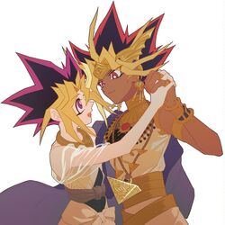  2boys :d black_hair blonde_hair brown_hair dark-skinned_male dark_skin dyed_bangs gem grey_background holding_hands jewelry male_focus millennium_puzzle multiple_boys muto_yugi necklace open_mouth qige red_eyes red_hair see-through simple_background smile spiked_hair upper_body yami_yugi yaoi yu-gi-oh! 