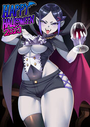  absurdres bare_shoulders black_hair blue_eyes blue_hair breasts cape clothing_cutout collar colored_skin commentary covered_navel cowboy_shot cross-laced_clothes cross-laced_legwear cup drinking_glass english_text fangs female frilled_collar frills gloves grey_skin hair_ornament hairclip half_gloves halloween happy_halloween highres holding holding_cup leotard looking_at_viewer multicolored_hair mystical_high_collar original pointy_ears ryuusei&#039;s_3x-yo_girl ryuusei_(mark_ii) short_hair short_shorts shorts single_thighhigh skindentation smile solo table thighhighs tongue tongue_out two-tone_hair underboob underboob_cutout vampire_costume white_gloves wine_glass 