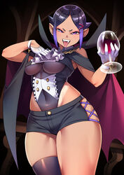  absurdres bare_shoulders black_hair blue_eyes blue_hair breasts cape collar commentary covered_navel cowboy_shot cross-laced_clothes cross-laced_legwear cup drinking_glass fangs female frilled_collar frills gloves hair_ornament hairclip half_gloves halloween highres holding holding_cup leotard looking_at_viewer multicolored_hair mystical_high_collar original pointy_ears ryuusei&#039;s_3x-yo_girl ryuusei_(mark_ii) short_hair short_shorts shorts single_thighhigh skindentation smile solo table tan tanlines thighhighs tongue tongue_out two-tone_hair vampire_costume white_gloves wine_glass 