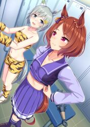  2girls animal_ears animal_print blue_eyes brown_hair changing_room club_(weapon) collarbone dutch_angle flower_in_eye highres horse_ears horse_girl horse_tail indoors locker locker_room looking_at_another mask midriff multiple_girls navel official_alternate_costume oni_mask pleated_skirt purple_eyes sailor_collar sakura_laurel_(oni_laurel)_(umamusume) sakura_laurel_(umamusume) seiun_sky_(umamusume) short_hair skirt smile spiked_club symbol_in_eye tail tiger_print umamusume weapon zenrakishi 