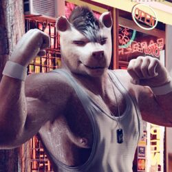  1:1 2023 3d_(artwork) 5_fingers absurd_res anthro areola areola_slip biceps bodily_fluids brown_hair canid canine canis clothed clothing cropped_ears detailed detailed_background digital_media_(artwork) dog_tags domestic_dog ear_piercing english_text eupharrow eyebrows fighting_pose fingernails fingers fist flexing flexing_bicep front_view hair hi_res humanoid_hands jewelry looking_at_viewer male mammal manly mohawk multicolored_body multicolored_skin muscle_shirt muscular muscular_anthro muscular_arms muscular_male nails narrowed_eyes necklace nipple_piercing nipple_slip nipples outside pecs piercing pink_nipples pink_nose pit_bull pose realistic shirt sign smile smiling_at_viewer smirk smirking_at_viewer snout solo store sweat sweatdrop tank_top teeth text topwear two_tone_body two_tone_skin urban watermark wet wristband 