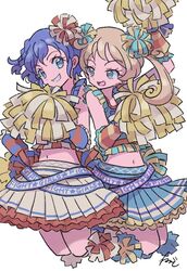  2girls :d arm_up blonde_hair blue_eyes blue_hair blue_shirt blue_skirt cheerleader cropped_shirt detached_sleeves dorothy_west grin hand_on_own_hip hand_up holding holding_pom_poms jumping kiratto_pri_chan long_hair looking_at_another midriff moegi_emo multiple_girls open_mouth pleated_skirt pom_pom_(cheerleading) pretty_series pripara rituyama1 shirt short_hair signature simple_background skirt smile twintails white_background yellow_skirt 