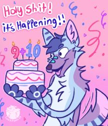  andromorph_(lore) anthro arm_tuft birthday birthday_cake blue_body blue_fur blue_hair cake canid canine cheek_tuft chest_tuft confetti confetti_streamer dessert elbow_tuft english_text facial_tuft food fox fur hair hi_res luckfoxo33 male mammal meme open_mouth open_smile pink_background purple_body purple_fur shoulder_tuft simple_background smile solo tail tail_motion tailwag text tolng trans_(lore) trans_man_(lore) tuft wide_eyed 