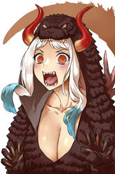  blue_hair breasts cleavage cosplay curled_horns female godzilla godzilla_(cosplay) godzilla_(series) haraya_manawari highres horns large_breasts long_hair looking_at_viewer multicolored_hair multicolored_horns one_piece oni orange_eyes orange_horns red_horns sharp_teeth solo teeth white_hair yamato_(one_piece) 