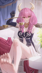  aura_(sousou_no_frieren) balance_scale bare_shoulders barefoot black_eyes black_gloves breasts chilakkk cleavage dress elbow_gloves feet female foot_focus gloves highres holding_scale horns legs long_hair looking_at_viewer navel pink_hair plant potted_plant sitting smile soles solo sousou_no_frieren toes weighing_scale 