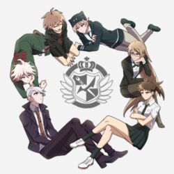  3boys 3girls :d ahoge black_footwear black_headwear black_jacket black_pants black_shirt blonde_hair braid breasts brown_hair brown_necktie brown_pants brown_pantyhose closed_mouth commentary_request crossed_legs danganronpa:_trigger_happy_havoc danganronpa_(series) danganronpa_2:_goodbye_despair dress_shirt genderswap_(ftm) genderswap_(mtf) glasses green_necktie grey_background highres hinata_hajime jacket kirigiri_kyoko knees_up komaeda_nagito looking_up lying medium_breasts messy_hair miniskirt momo_no_yu multiple_boys multiple_girls naegi_makoto nanami_chiaki necktie on_side open_clothes open_jacket pants pantyhose pink_eyes pleated_skirt ponytail rule_63 shirt shirt_tucked_in short_hair simple_background sitting skirt smile togami_byakuya white_footwear white_hair white_shirt 