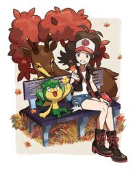  autumn_leaves bag baseball_cap bench black_vest blue_eyes boots brown_hair commentary denim denim_shorts eyelashes falling_leaves female grin hat high_ponytail hilda_(pokemon) holding holding_leaf knees kokesa_kerokero leaf long_hair open_clothes open_vest pansage pokemon pokemon_(creature) pokemon_bw sawsbuck sawsbuck_(autumn) shirt shorts shoulder_bag sidelocks sitting sleeveless sleeveless_shirt smile symbol-only_commentary teeth vest white_headwear white_shirt wristband 