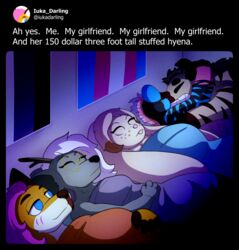  ah_yes._me._my_girlfriend. ambiguous_gender anthro bed big_breasts black_body black_fur blue_clothing blue_ears blue_eyes blue_stripes breasts brown_body brown_ears brown_fur canid canine closed_eyes clothing creep_cat_toy_company dark_body dark_fur deer english_text female finger_markings flag flag_on_wall fox freckled_face freckles fur furniture grey_body grey_clothing grey_ears grey_fur group hair harley_(impishhyena) hi_res holding_object holding_plushie horn hug hugging_object hugging_plushie hyena impishhyena jessi_bunn kya_deer lagomorph leporid lgbt_pride mammal markings meme multicolored_hair nonbinary_pride_colors on_bed orange_body orange_clothing orange_fur pink_hair plushie polyamory post pride_color_flag pride_colors rabbit sleeping striped_body striped_fur striped_markings stripes tan_body tan_ears tan_fur tan_hair text transgender_pride_colors twitter two_tone_hair white_body white_fur white_hair writer_fox 