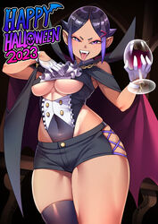  absurdres bare_shoulders black_hair blue_eyes blue_hair breasts cape clothing_cutout collar commentary covered_navel cowboy_shot cross-laced_clothes cross-laced_legwear cup drinking_glass english_text fangs female frilled_collar frills gloves hair_ornament hairclip half_gloves halloween happy_halloween highres holding holding_cup leotard looking_at_viewer multicolored_hair mystical_high_collar original pointy_ears ryuusei&#039;s_3x-yo_girl ryuusei_(mark_ii) short_hair short_shorts shorts single_thighhigh skindentation smile solo table tan tanlines thighhighs tongue tongue_out two-tone_hair underboob underboob_cutout vampire_costume white_gloves wine_glass 