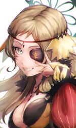  aduti_momoyama black_feathers blonde_hair breasts circlet cleavage commentary eyepatch feather_collar feather_trim feathers female fire_emblem fire_emblem_fates fire_emblem_heroes floating_clothes grey_eyes grin highres large_breasts long_hair looking_at_viewer o-ring official_alternate_costume ophelia_(fire_emblem) ophelia_(starlit_maiden)_(fire_emblem) smile solo swept_bangs upper_body v v_over_eye 