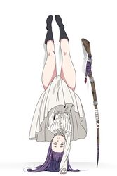  absurdres bare_legs black_footwear blunt_bangs boots breasts bright_pupils closed_mouth commentary covering_crotch covering_privates dress female fern_(sousou_no_frieren) full_body handstand highres long_hair long_sleeves looking_at_viewer lycoris_challenge_(meme) lycoris_recoil mage_staff meme misskiwi one_arm_handstand parody purple_eyes purple_hair simple_background skirt skirt_tug solo sousou_no_frieren straight_hair upside-down white_background white_dress white_pupils 