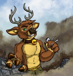  2023 absurd_res anthro antlers belt bottomwear brown_body brown_fur claws clothed clothing collar deer destruction digital_media_(artwork) finger_claws fingers fur green_eyes hi_res horn legwear macro male mammal micro pants smile smirk smoke teeth tirrel_(tirrel) topless topless_anthro topless_male tyrnn 