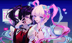  2girls absurdres ame-chan_(needy_girl_overdose) black_hair black_ribbon blonde_hair blood blood_on_arm blood_on_clothes blood_on_face blood_splatter blue_background blue_bow blue_eyes blue_hair blue_nails blue_shirt blunt_bangs blush bow chinese_commentary chouzetsusaikawa_tenshi-chan collared_shirt commentary_request crazy_smile dual_persona glitch hair_ornament hair_over_one_eye hair_tie hairbow hairclip hand_on_another&#039;s_face hand_up hands_up heart heart_hair_ornament heart_in_eye highres holding_hands ke_luosi long_hair looking_at_viewer multicolored_hair multicolored_nails multiple_girls nail_polish neck_ribbon needy_girl_overdose open_mouth pink_bow pink_hair pink_nails pixel_heart purple_bow purple_eyes quad_tails red_shirt ribbon shirt smile suspenders symbol_in_eye tongue tongue_out twintails upper_body very_long_hair window_(computing) x_hair_ornament yellow_nails youtube_logo 