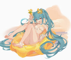  absurdly_long_hair absurdres ankle_ribbon arm_at_side aryarwr bare_legs barefoot bikini blue_eyes blue_hair bow breasts chinese_commentary commentary cup dot_nose eyelashes female food food-themed_hair_ornament fruit full_body gradient_background hair_between_eyes hair_ornament hairbow hand_up hatsune_miku highres holding holding_cup ice_cream innertube knees_together_feet_apart leg_ribbon light_blue_hair long_hair looking_at_viewer lower_teeth_only mint narrow_waist on_innertube open_mouth orange_(fruit) orange_bow orange_hair_ornament orange_innertube orange_slice ribbon scrunchie sidelocks simple_background small_breasts smile soles solo swim_ring swimsuit tareme teeth toes twintails very_long_hair vocaloid water_drop wavy_hair wet white_background white_bikini white_ribbon white_scrunchie wrist_scrunchie 