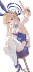  animal_ears aqua_bow aqua_bowtie armpits bare_shoulders blonde_hair blue_archive blue_bow blue_eyes blue_hair blue_halo blue_leotard blue_nails blue_ribbon blush bow bowtie breasts cleavage detached_collar drone_(drone_37) earpiece fake_animal_ears fake_tail female folded gloves hair_ribbon hairband hairbow halo high_heels highleg highleg_leotard highres leotard long_hair looking_at_viewer medium_breasts multicolored_hair nail_polish official_alternate_costume pantyhose playboy_bunny rabbit_ears rabbit_tail revision ribbon shoes simple_background sitting solo strapless strapless_leotard streaked_hair tail thighhighs thighs toki_(blue_archive) toki_(bunny)_(blue_archive) v very_long_hair white_background white_thighhighs white_wrist_cuffs wrist_cuffs 