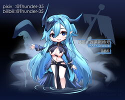  azur_lane bilibili_username black_coat blue_eyes blue_hair blue_horns breast_curtains breasts character_name chibi coat female full_body hair_between_eyes hand_up horns large_breasts long_hair mary_celeste_(azur_lane) open_clothes open_coat open_mouth pixiv_username pointy_ears revealing_clothes smile solo standing suction_cups tentacle thunder-35 torn_clothes very_long_hair 