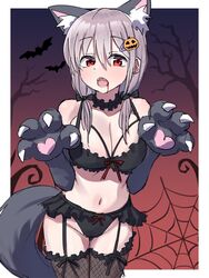  animal_ears animal_hands bare_tree bat_(animal) black_bra black_choker black_gloves black_panties black_thighhighs blood blood_from_mouth bow bow_bra bow_panties bra breasts choker claw_pose cleavage commentary cowboy_shot fangs female fishnet_thighhighs fishnets frilled_bra frilled_choker frilled_panties frilled_thighhighs frills garter_straps gloves grey_hair hair_ornament hairclip halloween halloween_costume highres jack-o&#039;-lantern jack-o&#039;-lantern_hair_ornament large_breasts lingerie looking_at_viewer low_twintails medium_hair mori_ayumi open_mouth oribe_arata original panties paw_gloves red_eyes silk solo spider_web standing tail thighhighs tree twintails underwear underwear_only wolf_ears wolf_tail 