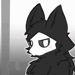  1:1 animated anthro black_body black_sclera blush blush_lines canid canine changed_(video_game) fluffy goo_creature grey_background looking_at_viewer male mammal mask puro_(changed) short_playtime simple_background solo syndie white_eyes white_face 