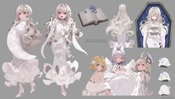  4girls ahoge animal_ears aqua_eyes bare_shoulders blonde_hair blue_flower bob_cut book braid breasts choppy_bangs cleavage closed_eyes coffin collage dress enna_alouette facial_tattoo flower fox_ears fox_girl french_braid gloves green_eyes grey_hair hair_flower hair_ornament head_wings high_heels highres holding holding_book japanese_clothes kimono large_breasts long_hair looking_at_viewer mascot medium_hair millie_parfait multiple_girls nijisanji nijisanji_en nina_kosaka off_shoulder open_book open_mouth pink_eyes purple_eyes reaching reaching_towards_viewer reimu_endou sakai_eri_(illustratoreri) see-through see-through_dress single_braid sleeping smile stole tattoo very_long_fingernails very_long_hair virtual_youtuber wavy_hair white_dress white_gloves white_hair white_kimono wings 