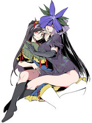  2girls absurdres black_footwear black_gloves black_hair blue_skirt boots breasts china_dress chinese_clothes commentary_request dress elbow_gloves flower flower_on_head full_body gloves grape_print green_shirt hair_between_eyes highres horns large_breasts ling_s long_bangs long_hair long_legs looking_at_viewer medium_breasts multiple_girls nippaku_zanmu open_mouth purple_dress purple_eyes purple_flower red_eyes shirt simple_background sitting sitting_on_lap sitting_on_person skirt slit_pupils small_horns smile touhou vine_print white_background yellow_horns yomotsu_hisami yuri 