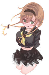  :d alternate_costume alternate_eye_color arms_behind_back black_bow black_hairband black_serafuku black_skirt bow cropped_legs female green_eyes hair_between_eyes hairband hairbow highres kantai_collection light_brown_hair long_hair looking_at_viewer midriff navel neckerchief sailor_collar school_uniform serafuku simple_background skirt smile solo teruzuki_(kancolle) uesuzoukin white_background white_sailor_collar yellow_neckerchief 