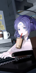  absurdres bags_under_eyes bandaid bandaid_on_face bandaid_on_forehead black_bra blue_archive blue_eyes blurry blurry_background bra bra_visible_through_clothes breasts bubble_tea bubble_tea_challenge collared_shirt computer_keyboard cup disposable_coffee_cup disposable_cup drinking drinking_straw drinking_straw_in_mouth dutch_angle female forehead halo highres indoors large_breasts looking_ahead mechanical_halo object_on_breast office purple_eyes purple_hair ryeon_(bluetom1) screen_light shirt sleepy solo stapler two_side_up typing underwear upper_body white_shirt yuuka_(blue_archive) 